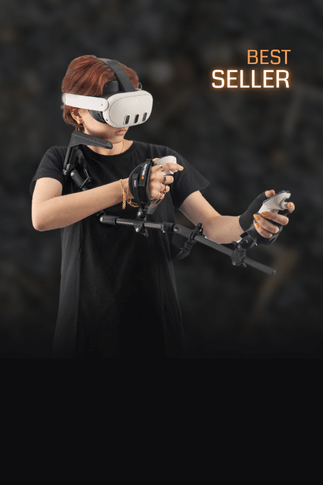 magtube vr gunstock hold by a female player with a meta quest 3s vr headset